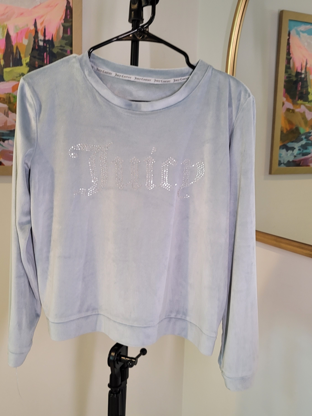 JUICY COUTURE Light Blue Velour Crewneck Shirt Rhinestone Logo Women's Size S